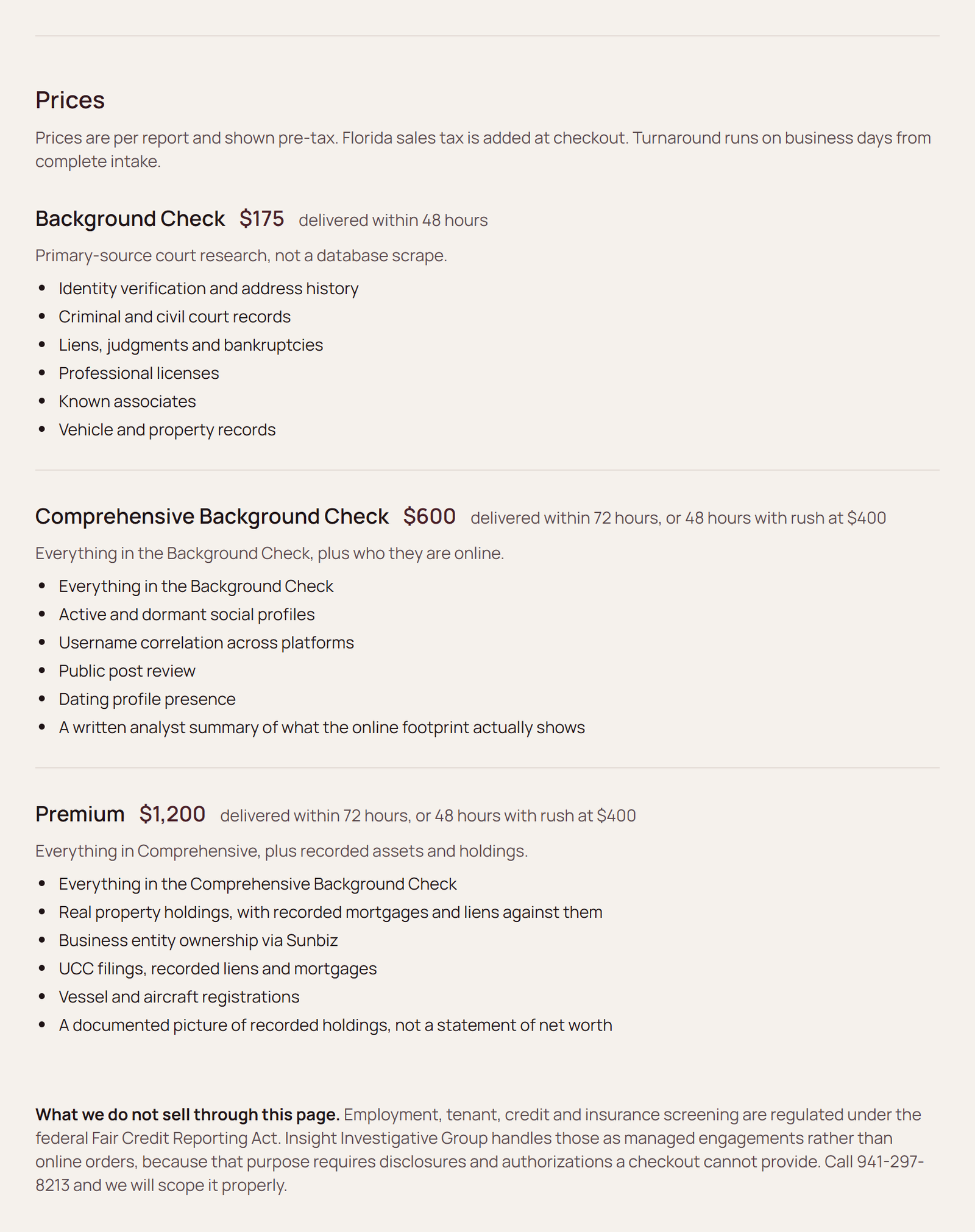 Published price list showing background checks at 175, 600 and 1,200 dollars with delivery times