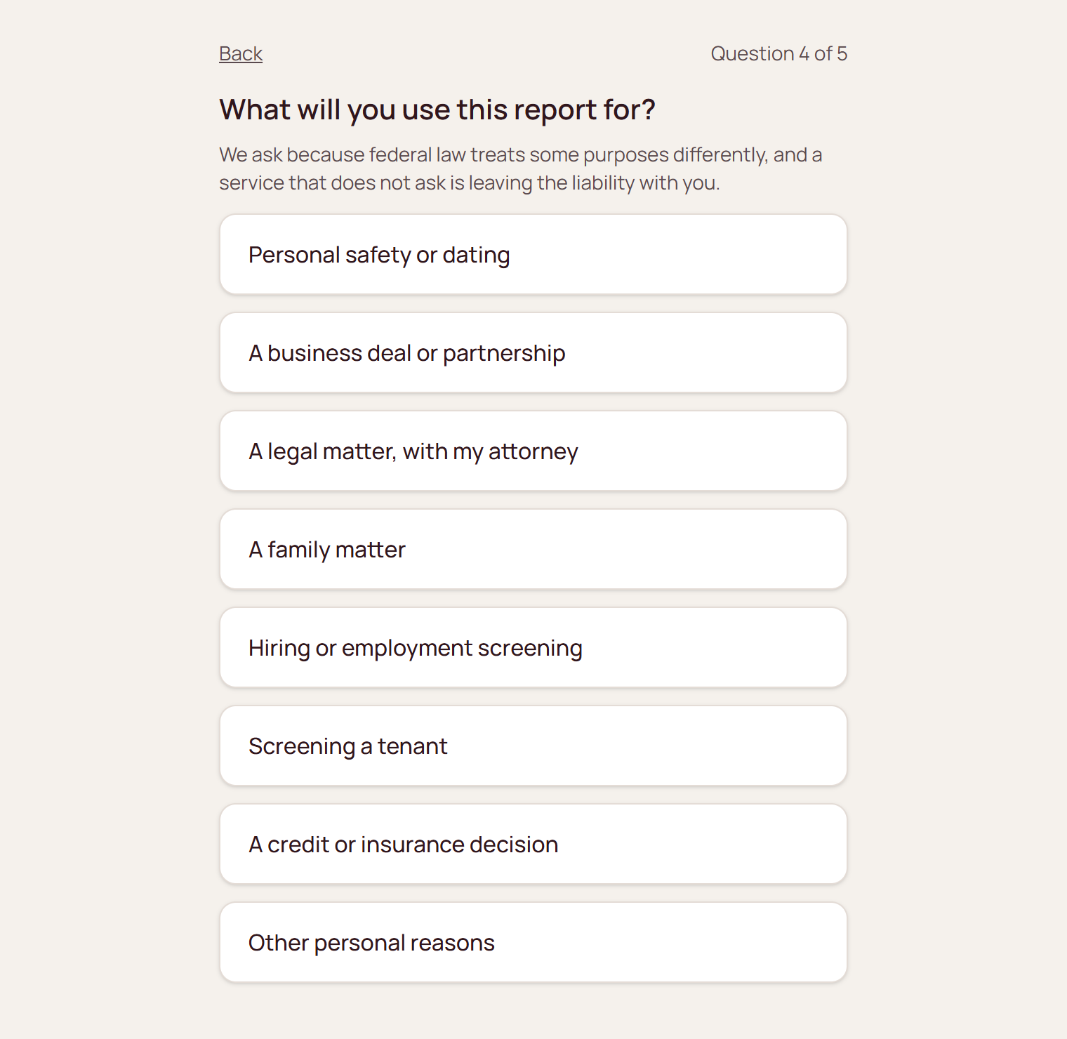 Order form asking what the report will be used for, listing eight purposes including employment and tenant screening