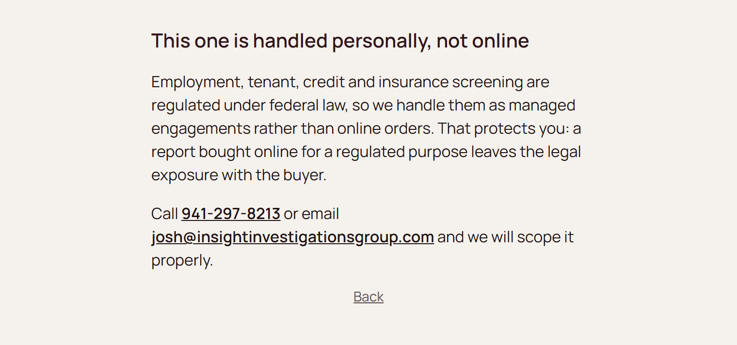 Screen reading This one is handled personally, not online, with a phone number and no payment option