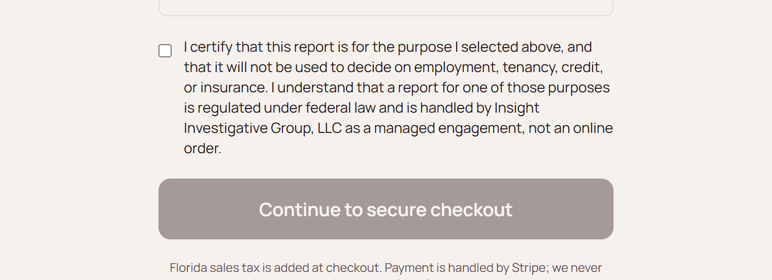 Unticked certification checkbox with the continue to secure checkout button disabled until it is accepted