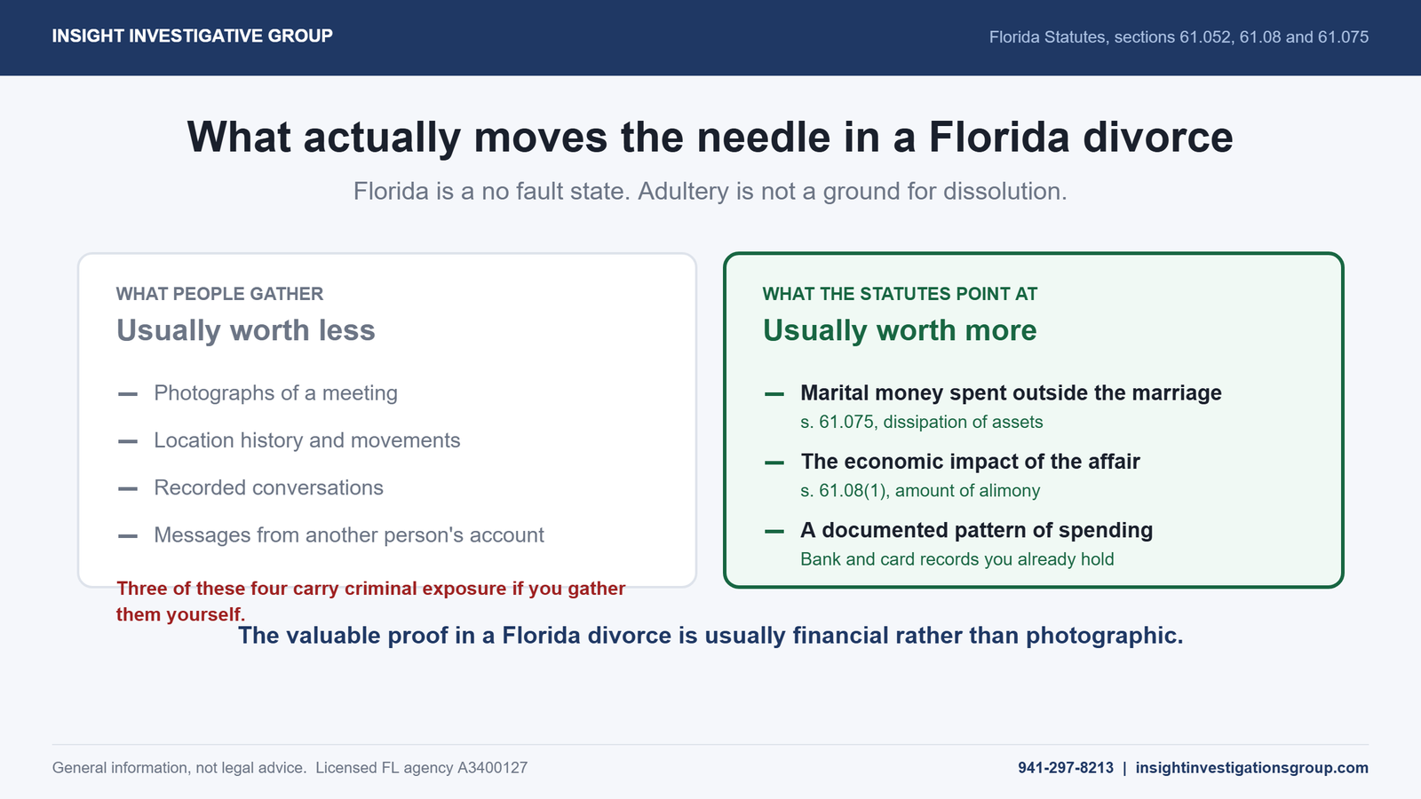 Comparison of photographic evidence people typically gather against the financial evidence Florida statutes 61.075 and 61.08 actually point at